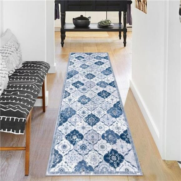 Moroccan Runner Rug 2x6 Washable Non Slip Blue Grey Boho Hallway Kitchen Mat - Picture 3 of 7